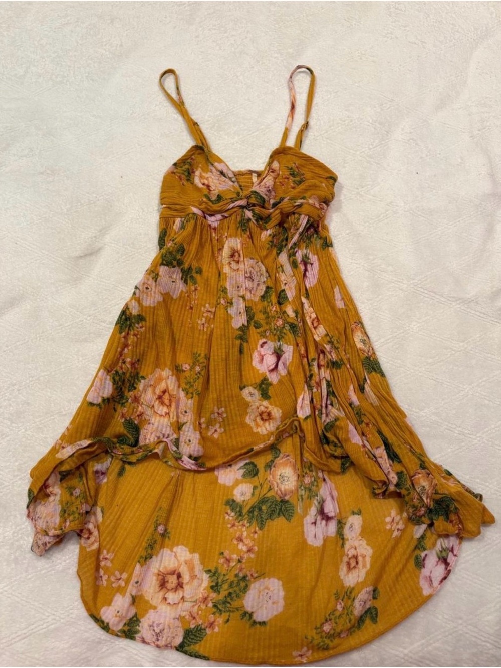 Free People Mustard Floral High-Low Top Woman’s Small